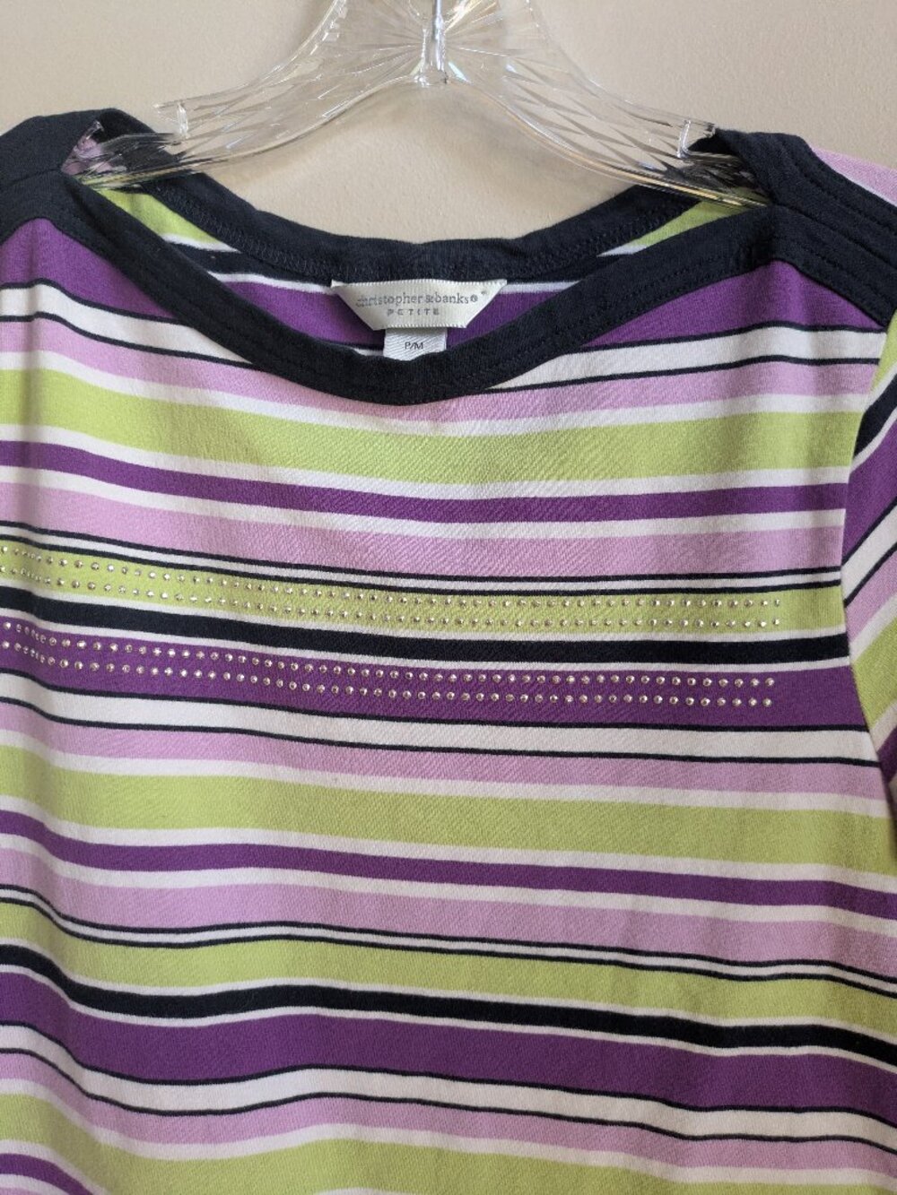 Christopher banks cotton purple white black green stripe top sz P/M #673
